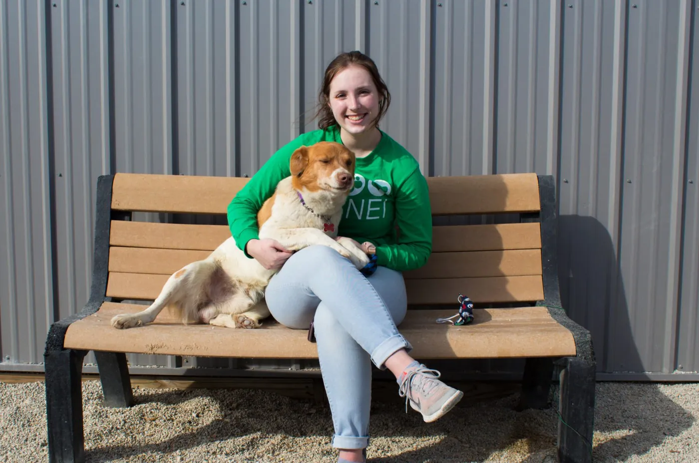 Volunteer with a dog on a bench